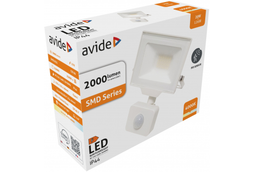 Reflector LED SMD 20W NW 4000K Slim alb cu PIR Avide Frosted