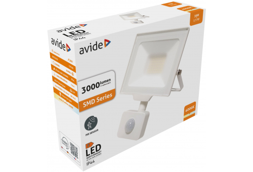 Reflector LED SMD 30W NW 4000K Slim alb cu PIR Avide Frosted
