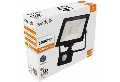 Reflector LED SMD 30W NW 4000K Slim cu PIR Avide Frosted