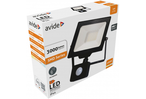 Reflector LED SMD 30W NW 4000K Slim cu PIR și conector rapid Avide Frosted
